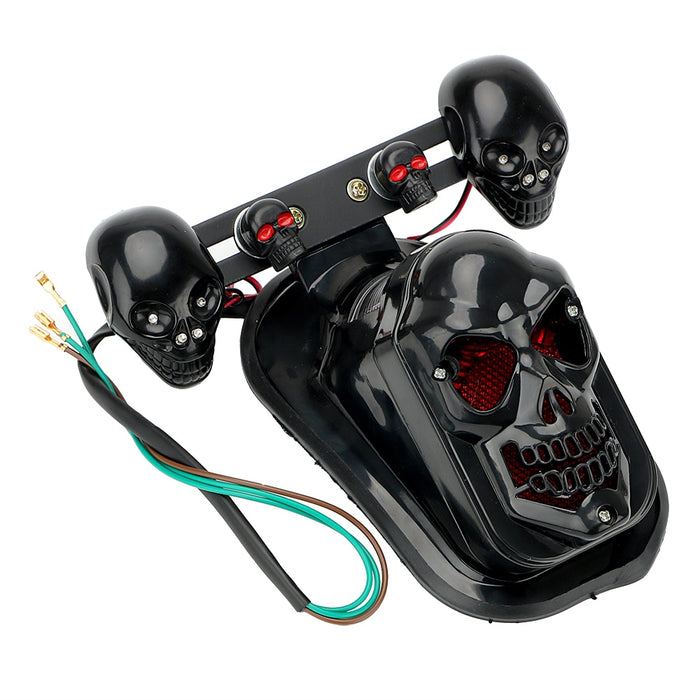 Universal Black Motorcycle Skull Turn Signal Rear Brake Tail Stop Light For Harley Bobber Honda Yamaha License Plate Bracket