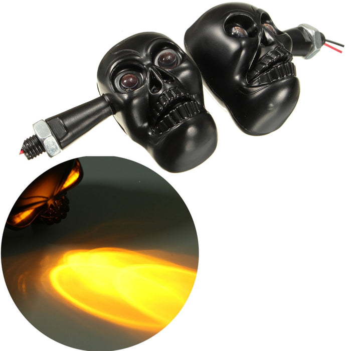 2pcs 12V 4 LED Motorcycle Turn Signal Light Skull Head Style Indicator Amber Lamp Black