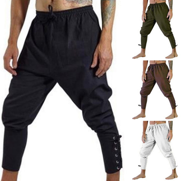 SHUJIN Men Retro Medieval Costume Lace-Up Bandage Pants Larp Capris Trousers Vintage Cotton Joggers For Men Quick Dry Casual 3XL