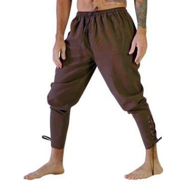 SHUJIN Men Retro Medieval Costume Lace-Up Bandage Pants Larp Capris Trousers Vintage Cotton Joggers For Men Quick Dry Casual 3XL