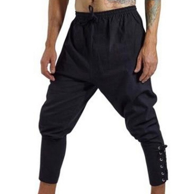 SHUJIN Men Retro Medieval Costume Lace-Up Bandage Pants Larp Capris Trousers Vintage Cotton Joggers For Men Quick Dry Casual 3XL