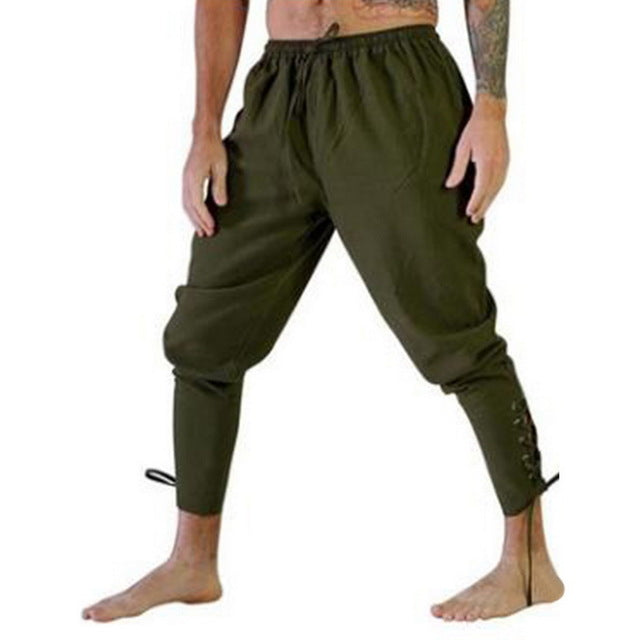 SHUJIN Men Retro Medieval Costume Lace-Up Bandage Pants Larp Capris Trousers Vintage Cotton Joggers For Men Quick Dry Casual 3XL